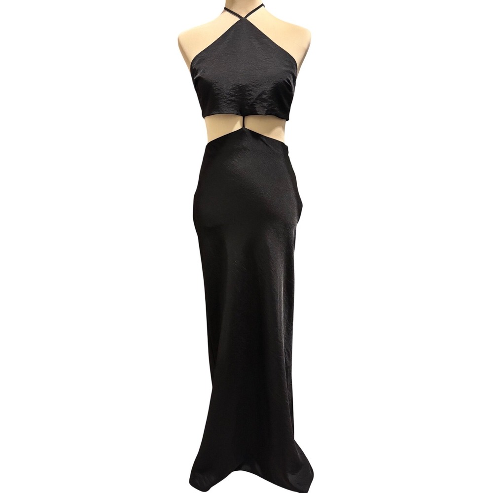 Forever 21 Maxi Dress Womens Medium Black Halter Cut-Out Satin Open Back New